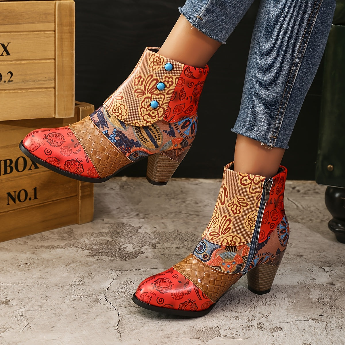 Women's Vintage Ethnic Style High Heel Ankle Boots Black Leather