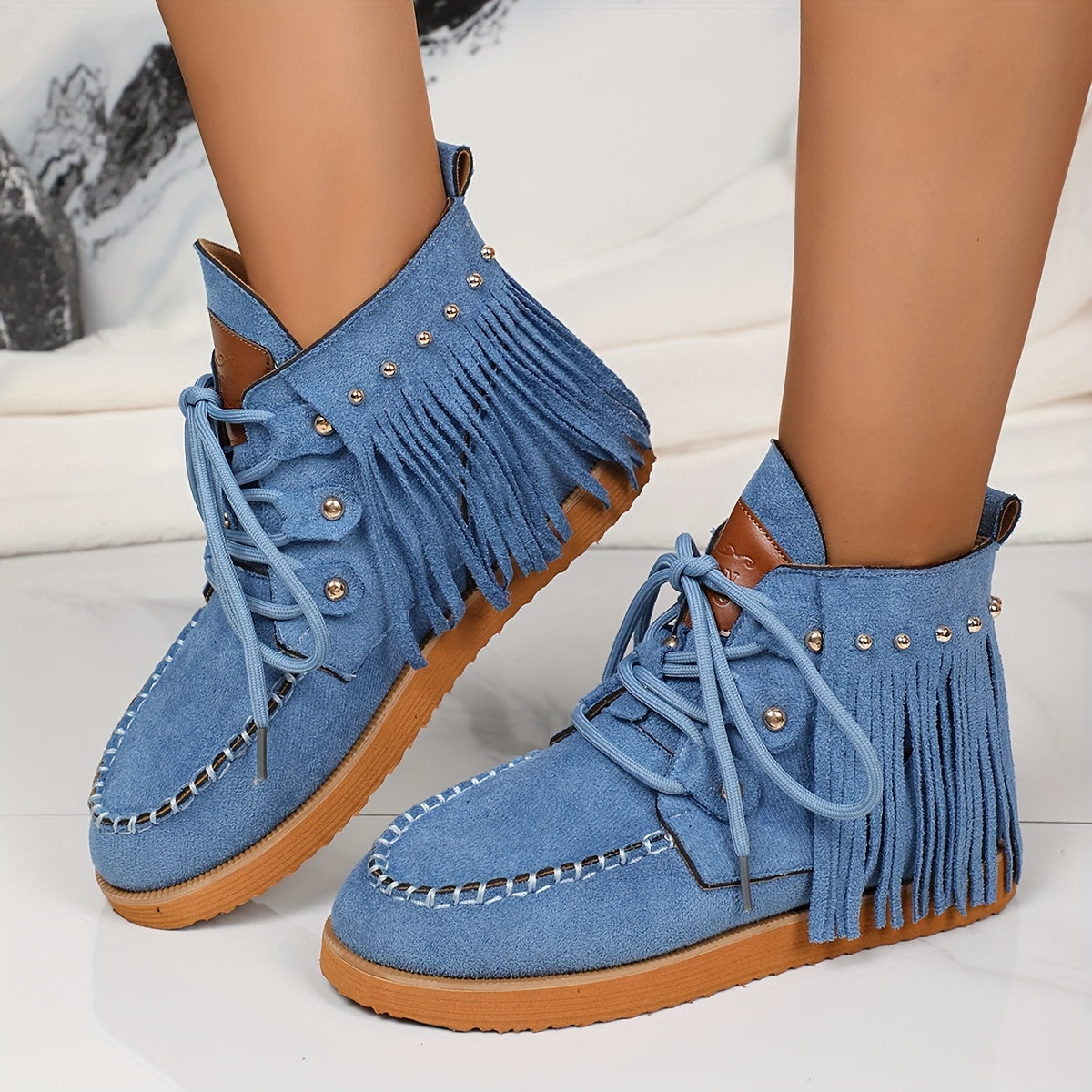 Women's Nubuck Velvet Ankle Boots with Tassel Trim Non-Slip Warm Flats