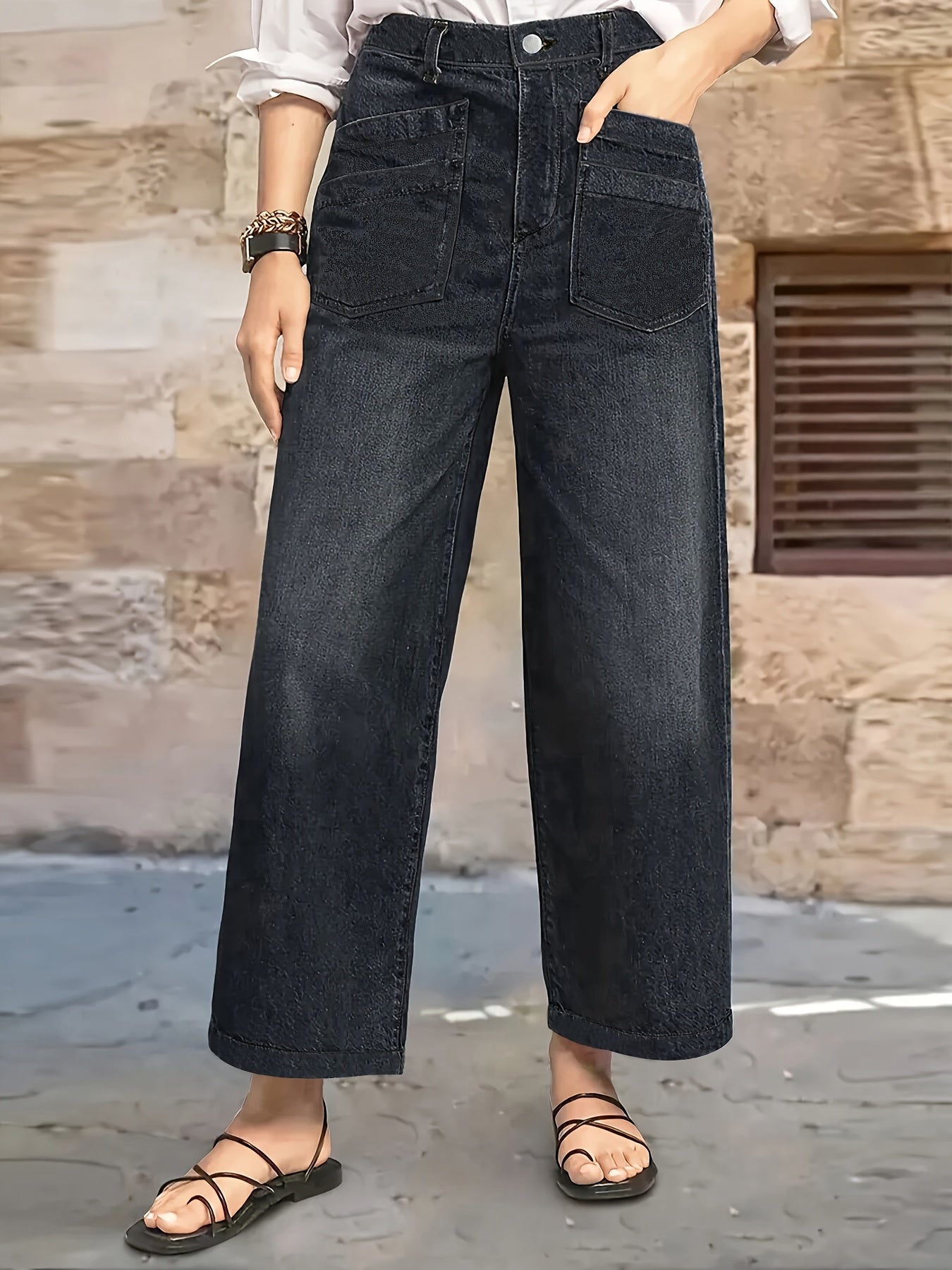 Women Plus Size Elastic Loose Fit Straight Leg Jeans Casual Denim