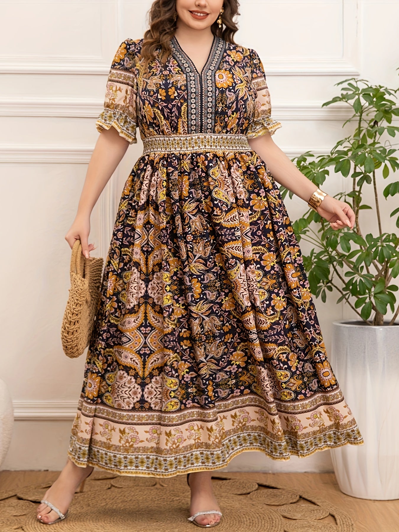 Plus Size V-Neck Maxi Dress Vintage Print Polyester Knit All-Season Casual A-Line