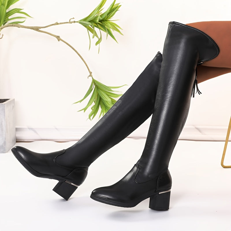 Women Knee High Leather Boots Soft Heel Pointed Toe Casual Riding