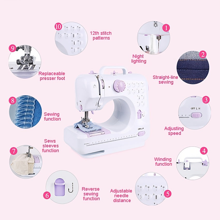 Portable Electric Sewing Machine with 12 Stitches Adjustable Speed Reverse Function for Beginners Purple