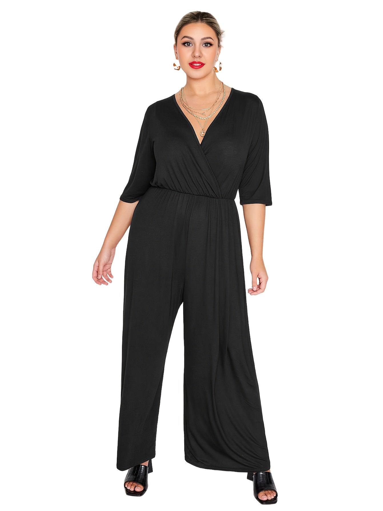 Plus Size Women's Jumpsuits V-Neck Elastic Waist Wide Legs Summer Spring