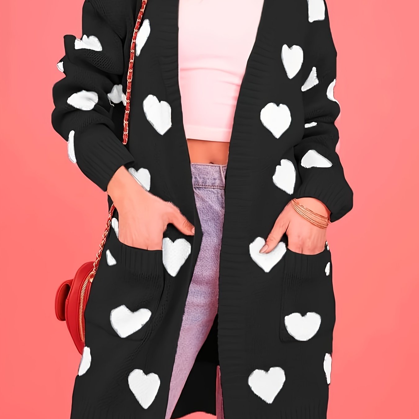 Women's Plus Size Red White Heart Pattern Cardigan Long Sleeve Open Front Sweater