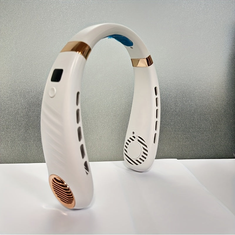 Portable bladeless neck fan with USB charging 5-speed digital display cooler for travel and camping lightweight ergonomic design