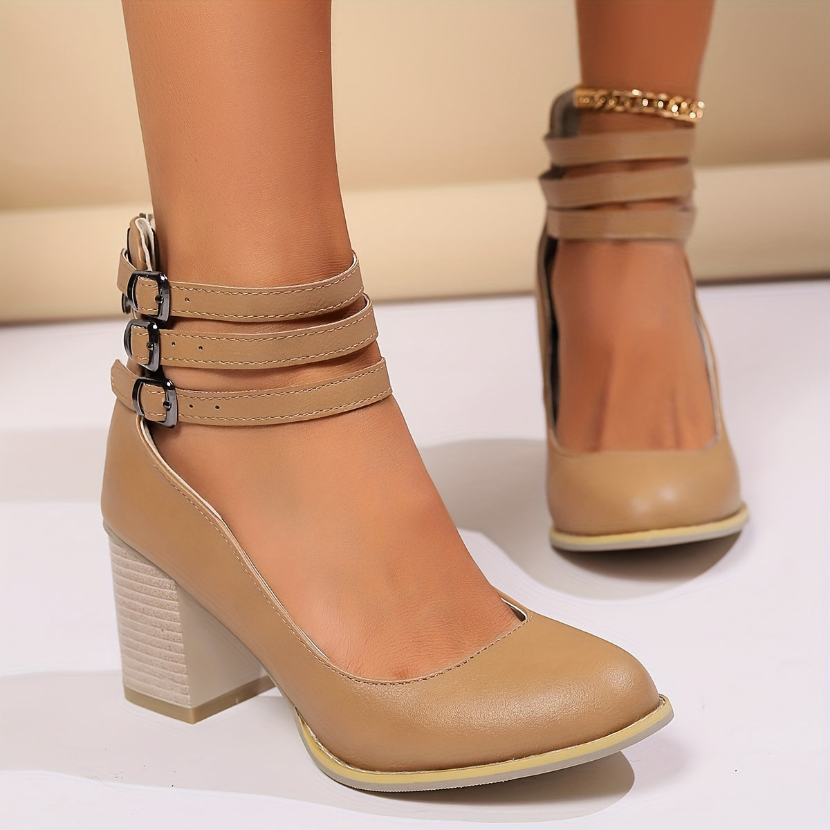 Women's Chunky High Heel Mary Jane Shoes Synthetic Platform Black Beige