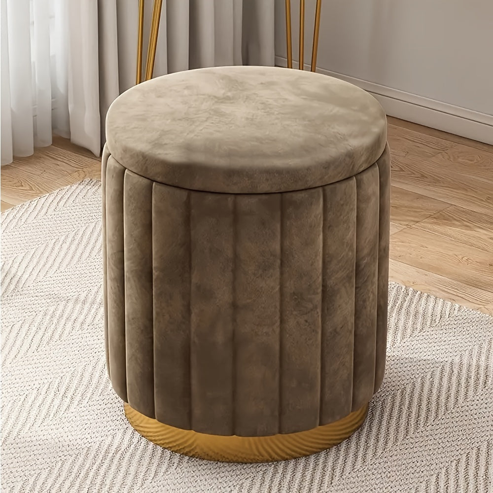 Nordic Modern Round Storage Ottoman Fabric Upholstered Grey Mirror Finish Footrest