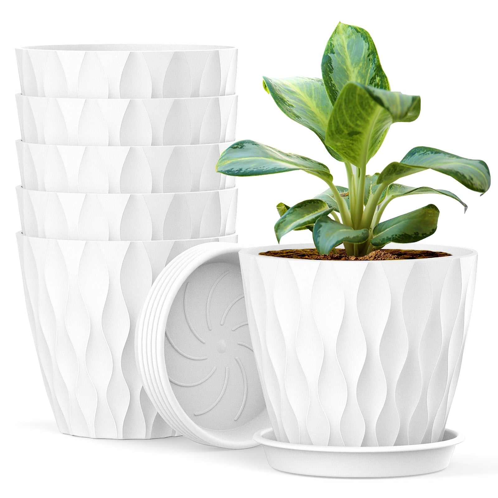 Set of 6 Round Plastic Plant Pots with Drainage Holes 15.24cm Indoor Outdoor