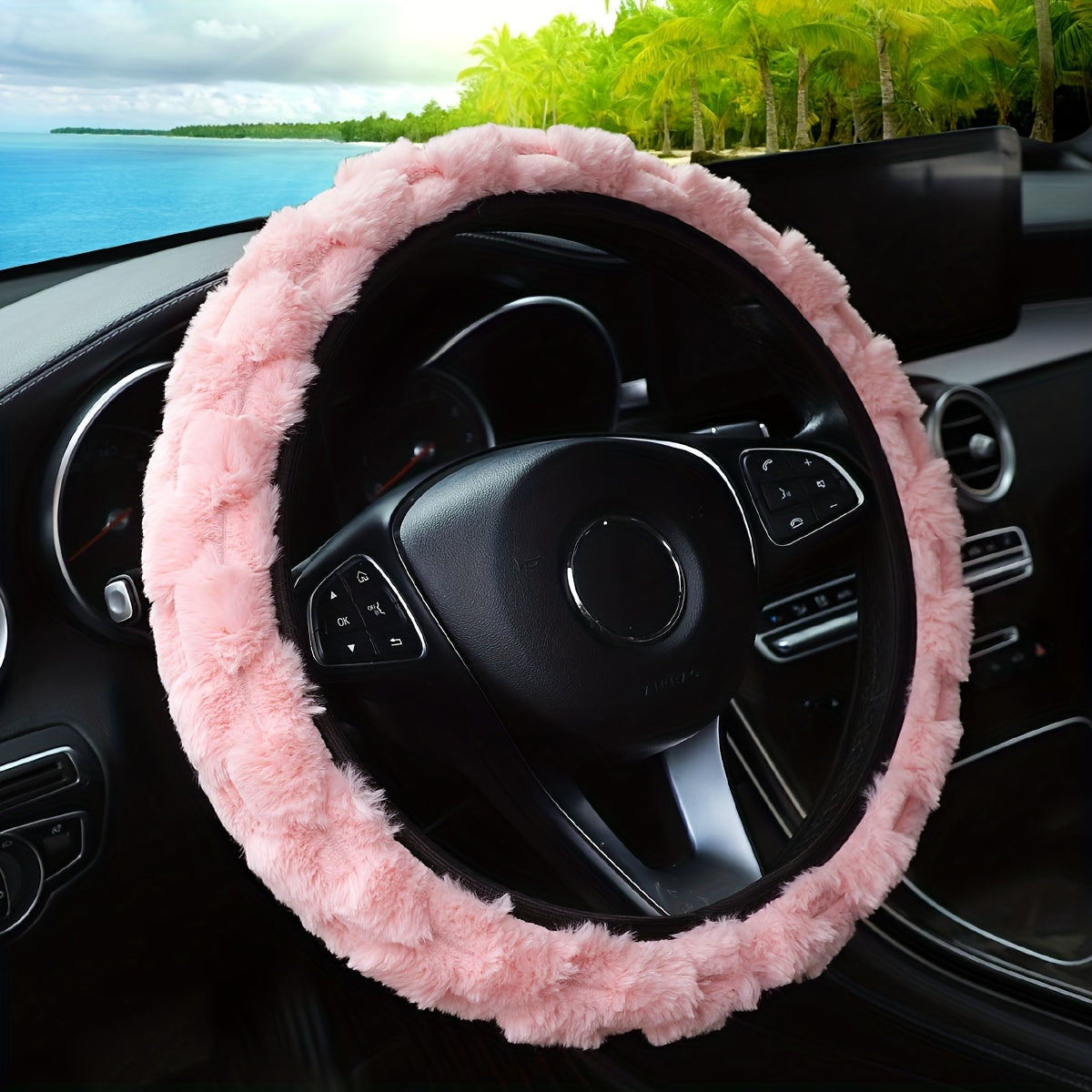 Winter Plush Car Steering Wheel Cover Faux Rabbit Fur Black White Stitching