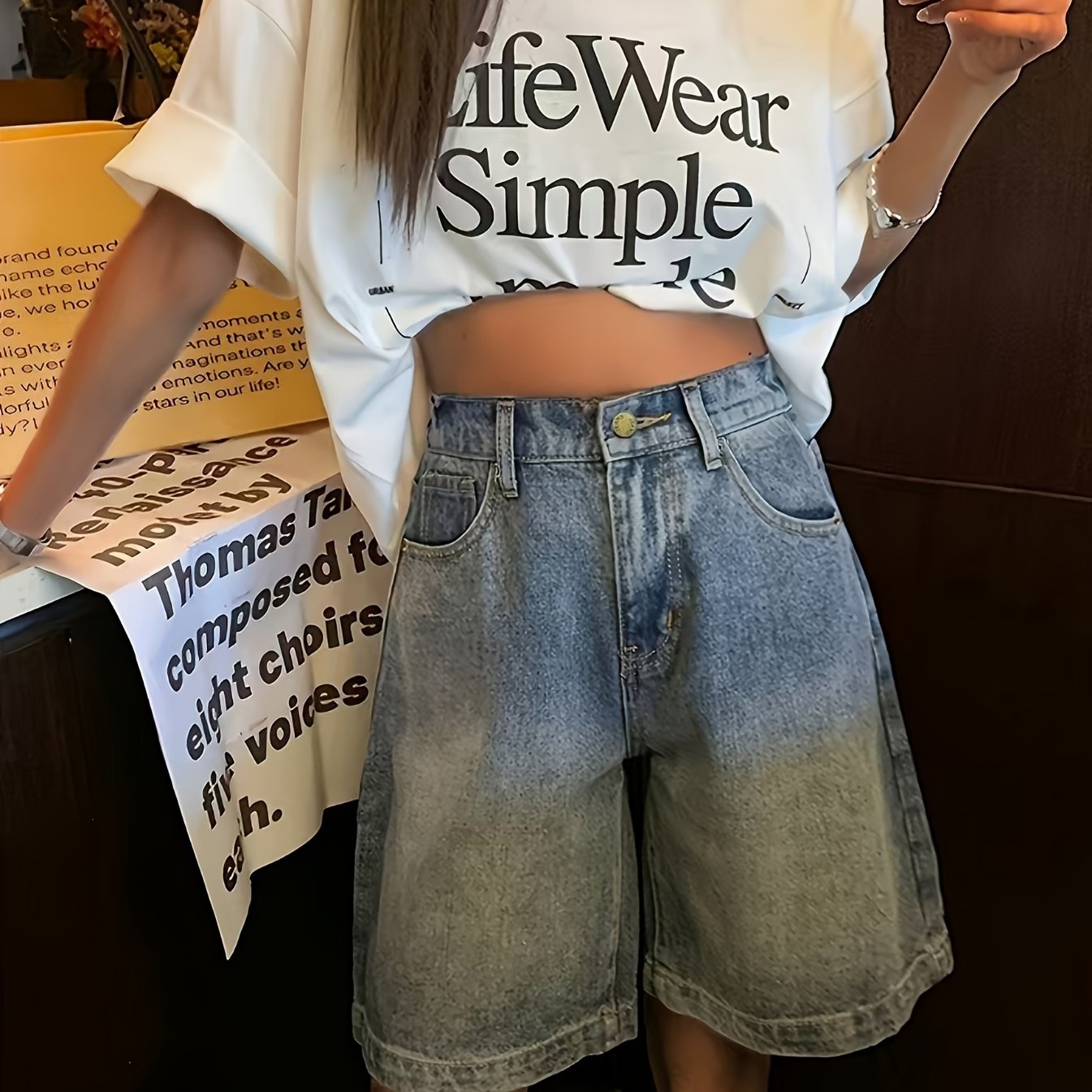 Women's High-Waisted Denim Pants with Elastic Waist Wide Leg Bermuda Summer Style