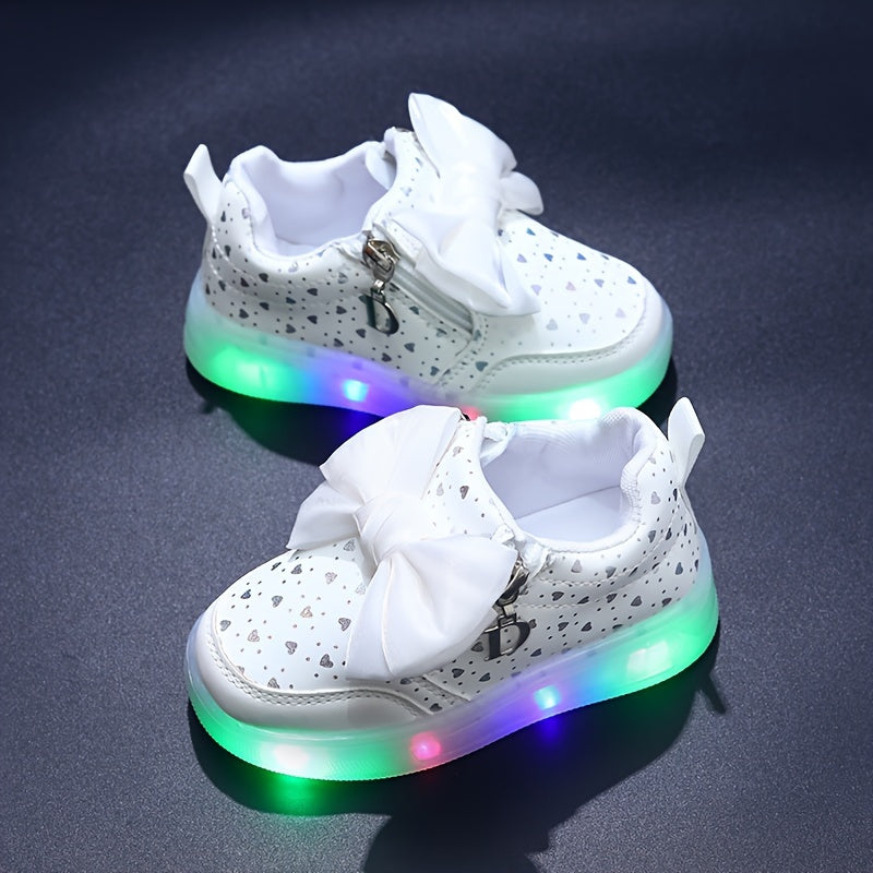 Girls LED Glow-in-the-Dark Sneakers Pink White Casual Street Style Soft Sole Round Toe Zipper Closure