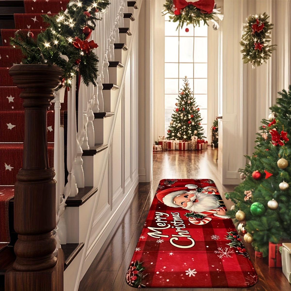 Red Santa Claus Doormat Non-Slip Machine Washable Christmas Decor for Living Room Kitchen