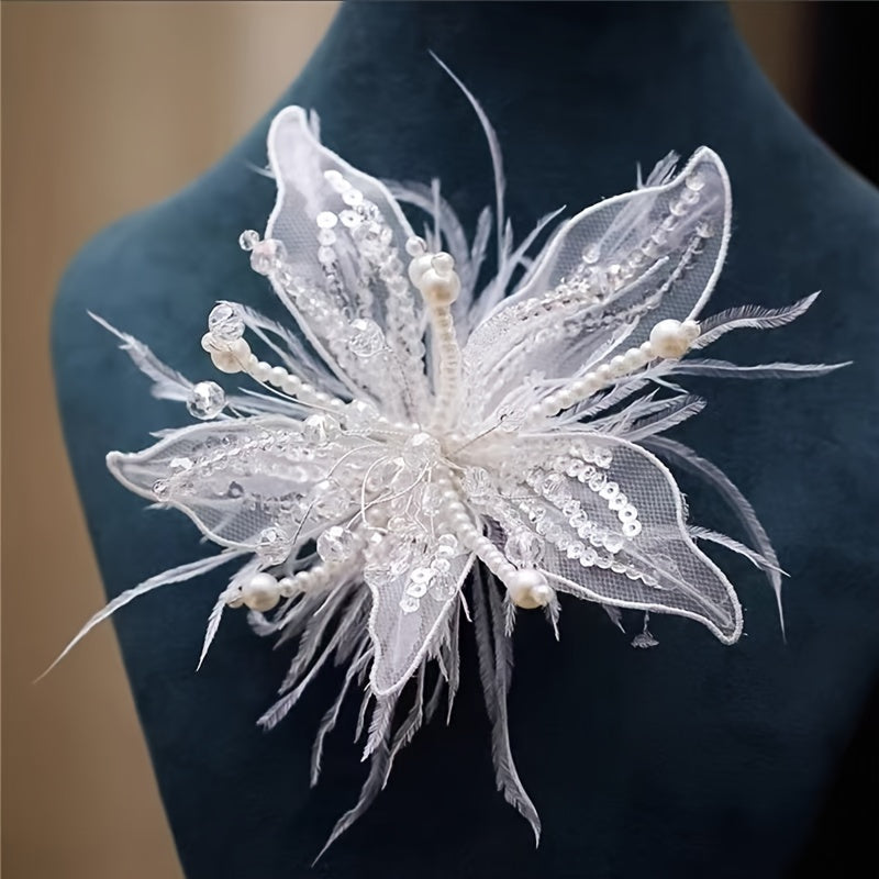 White Lace Flower Hairpin with Feather Edge for Bridal Wedding Accessories