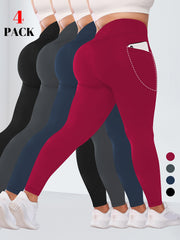 Plus Size Women's High-Waist Leggings 4 Pcs Stretchy Breathable Moisture-Wicking
