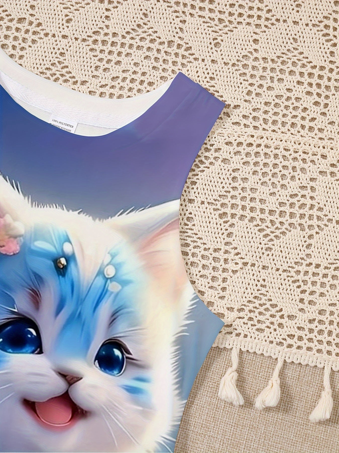 Sevimli Qizlar uchun Moviy Yengsiz Mushuk Libosi, Gullar Printi bilan, 100% Polyesterdan tayyorlangan. Yoshlar uchun tasodifiy yozgi kiyim, qulay to'qilgan.