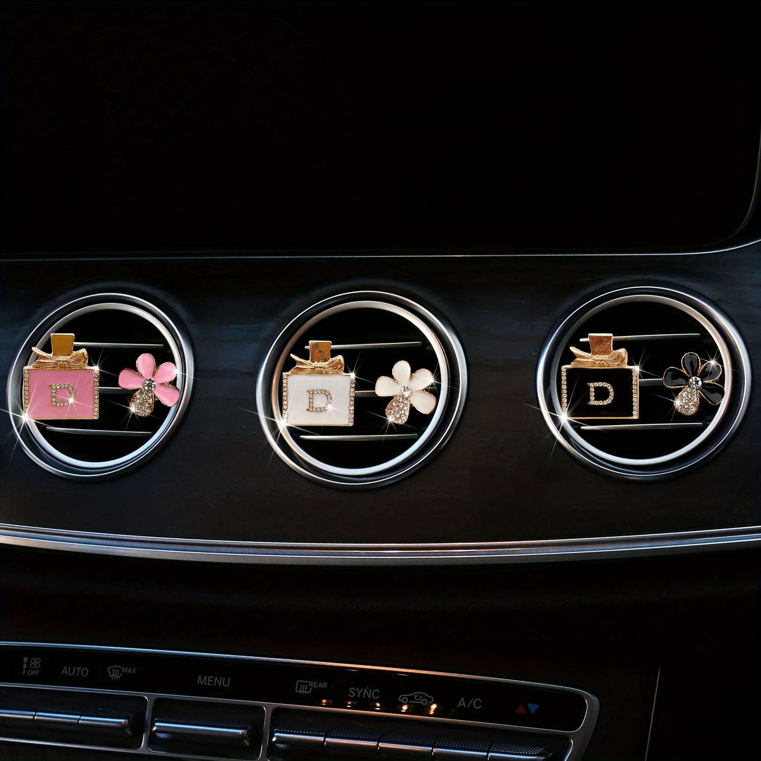 Ayollar uchun bezakli gul shaklidagi avtomobil hidi uchun shisha 2 dona rhinestone havo tozalovchi