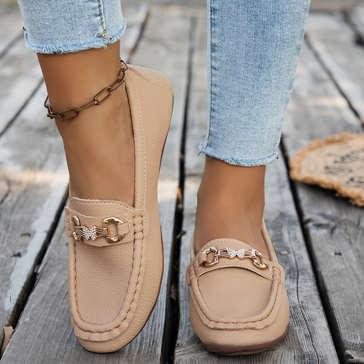 Women’s Faux Leather Slip-On Loafers with Crystal Accents Beige Non-Slip Sole