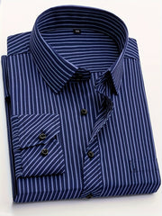 Men's Business Casual Long Sleeve Striped Shirt with Buttons and Lapel Collar