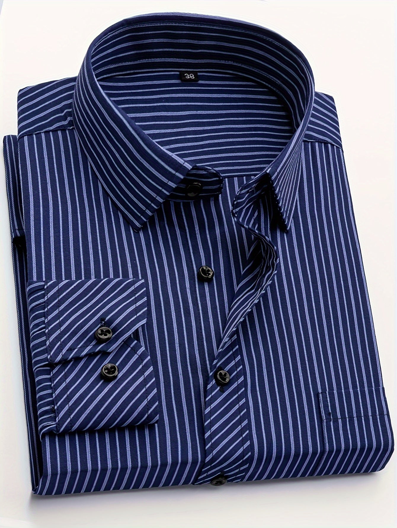 Men's Business Casual Long Sleeve Striped Shirt with Buttons and Lapel Collar