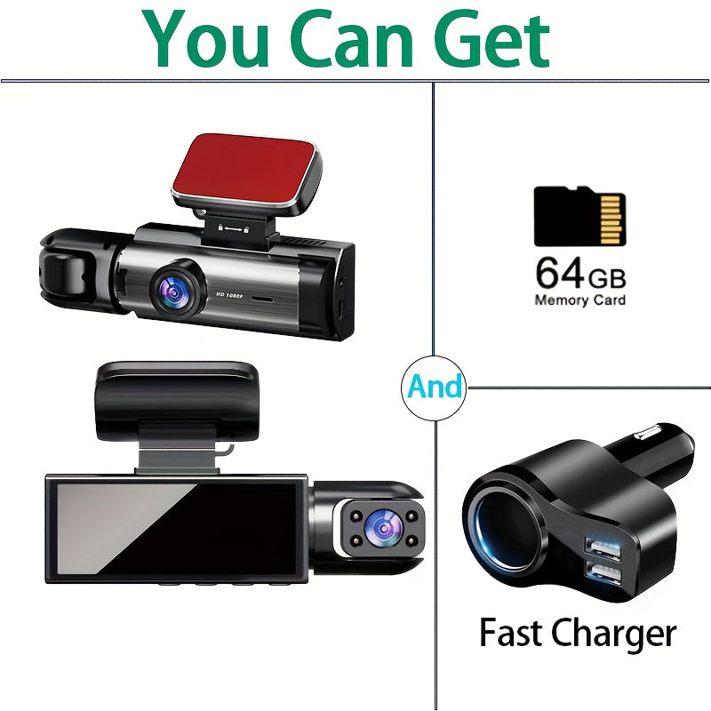 Car Dash Cam with 64G High-Speed Memory Card HD Dual Front and Rear Recording 3.16-Inch IPS Screen