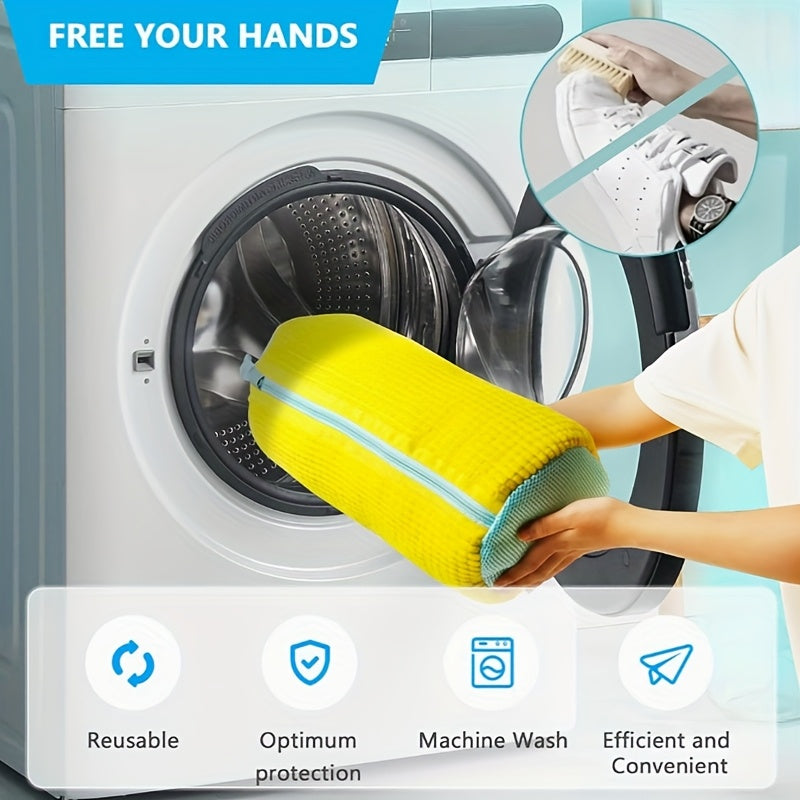 Yellow Polyester Shoe Washing Bag with Mesh Pockets Zipper Safe Laundry