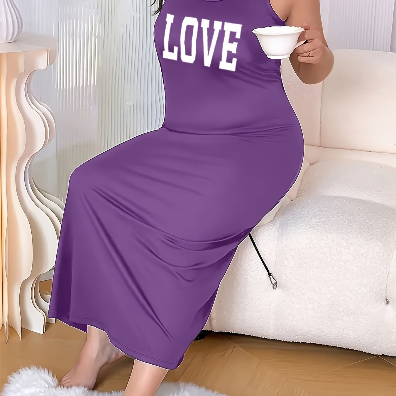 Plus Size Sleeveless Nightgown Maroon Love Letter Print Sleepwear for Women