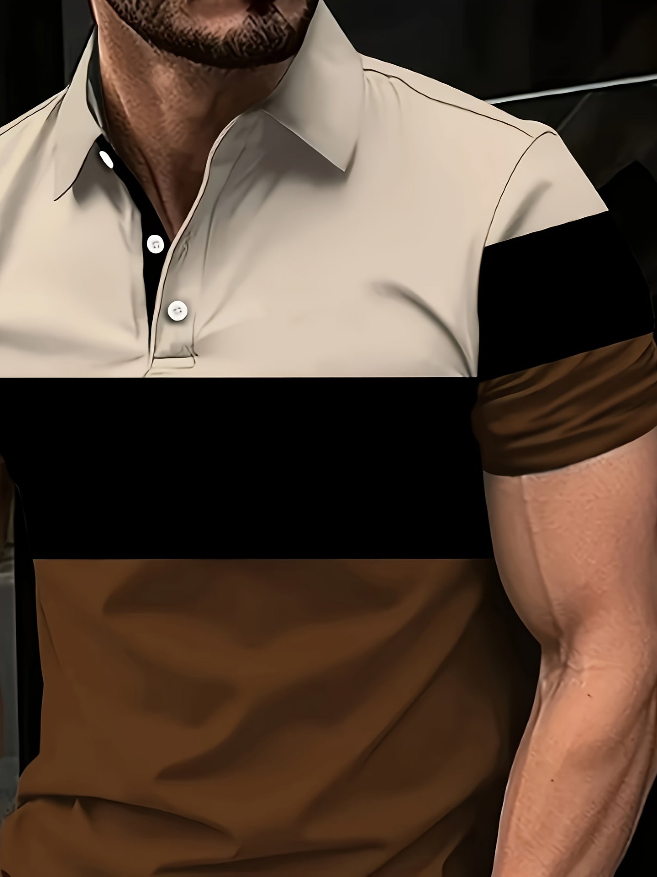 Erkaklar yozgi tasodifiy qisqa yengli polo ko'ylagi, polyester to'qima matosidan tayyorlangan, biroz cho'ziluvchan, butun yuzada bosma, yengil yaka, tugma tafsiloti, oddiy moslik. Zamonaviy ko'p rangli dizayn.