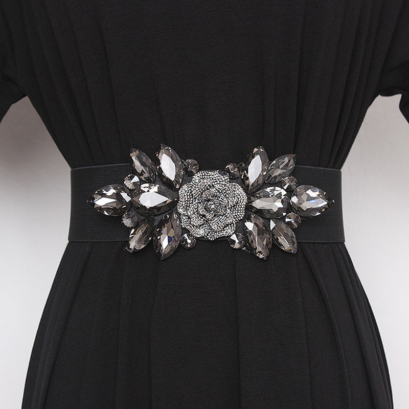 Wide Elastic Belt with Flowers and Beads for Women's Dresses and Decoration