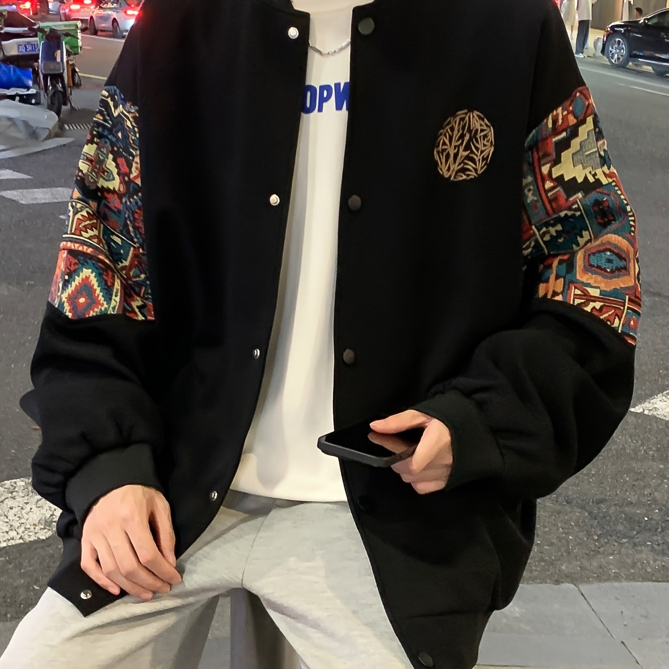 Men's Cotton Blend Embroidered Bomber Jacket with Floral Pattern for Casual Wear