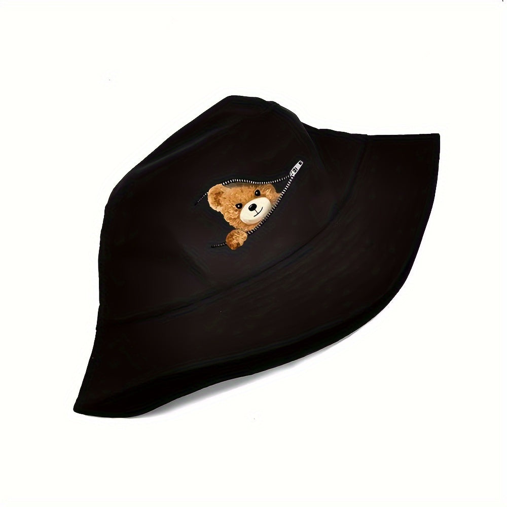 Polyester Bucket Hat with Teddy Bear Print for Outdoor Activities and Sun Protection