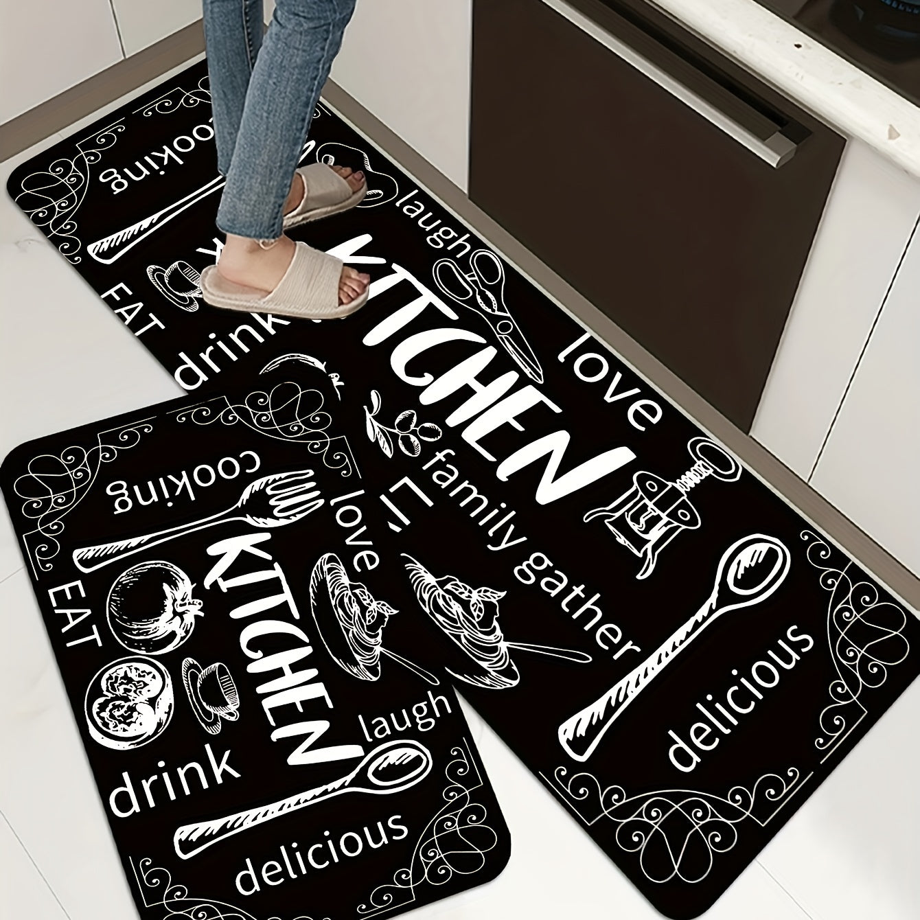 Black Kitchen Mat with Cutlery Pattern Anti-Slip Washable Polyester Rug for Floor Entrance
