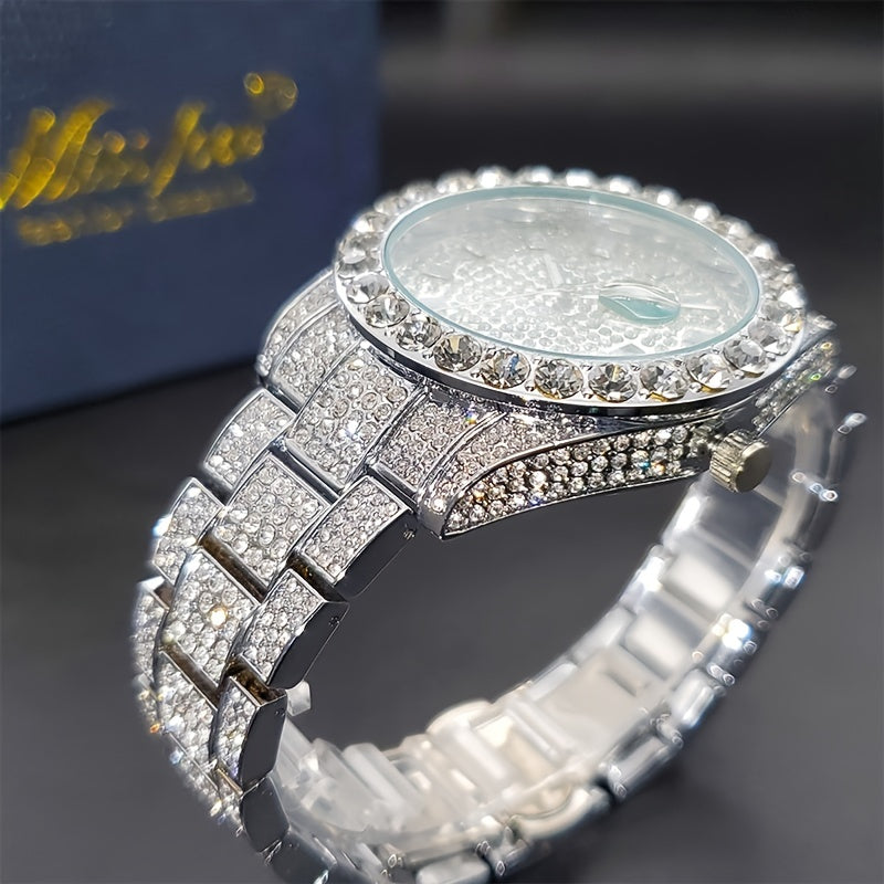Men's Luxury Watch with Luminous Hands, Large Diamond, Quartz Movement, Alloy Case and Band