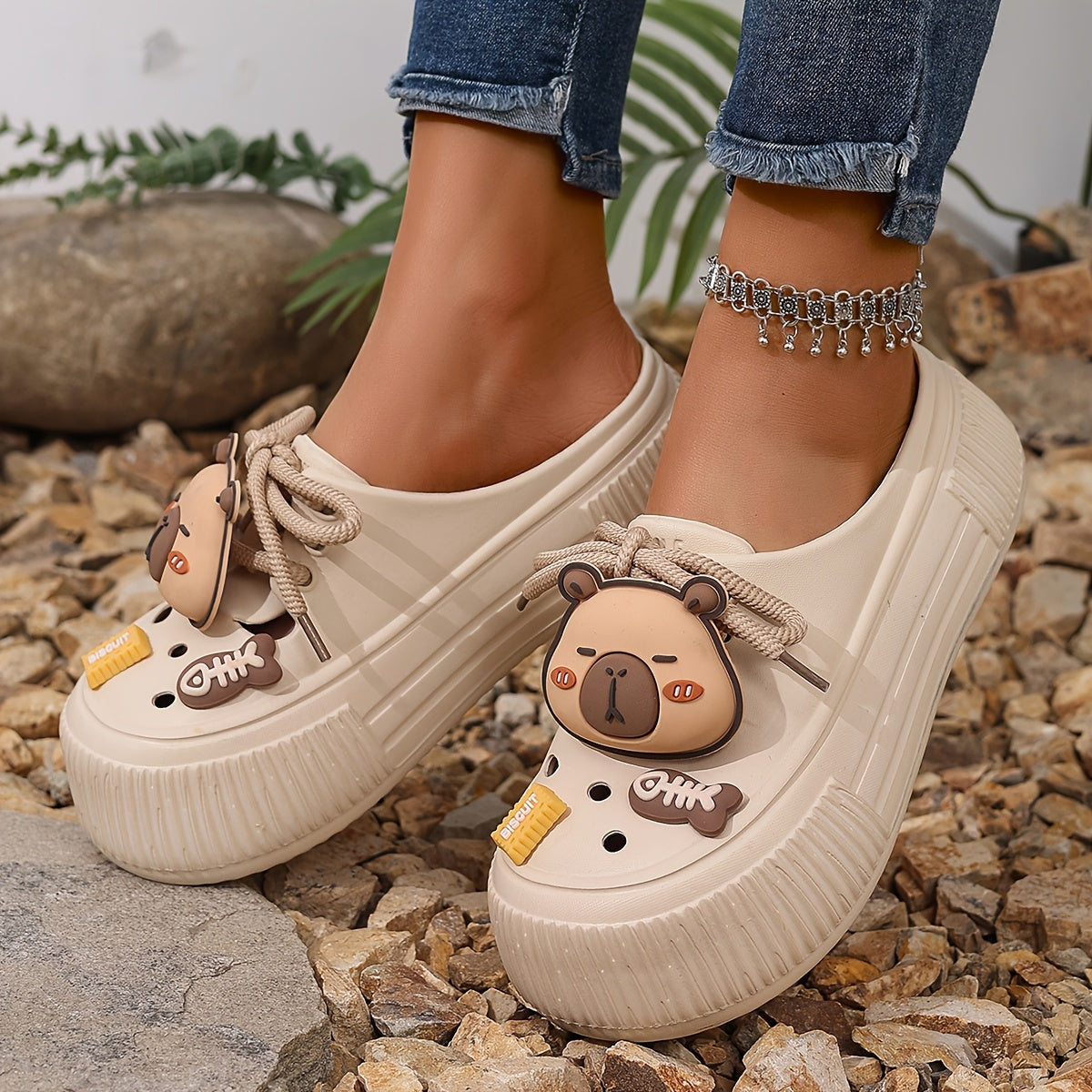 Women's Summer White EVA Clogs with Bear Charm and Thick Sole