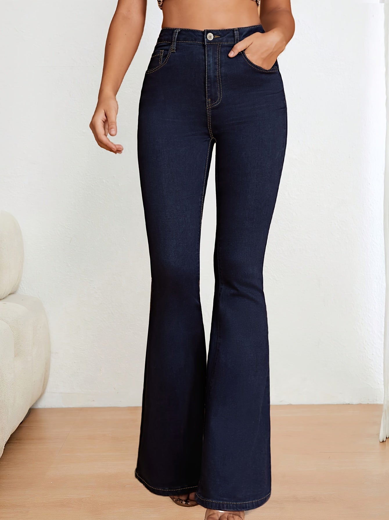 Women's High-Waisted Flare Jeans Blue Denim Slim Fit Long Length