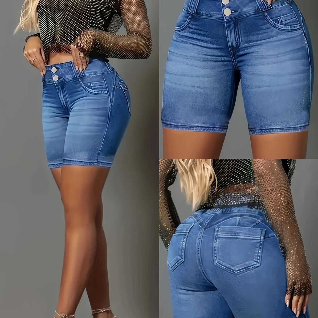 Women's High Stretch Denim Bermuda Shorts Solid Color Washed Jean Spring Summer High Waisted