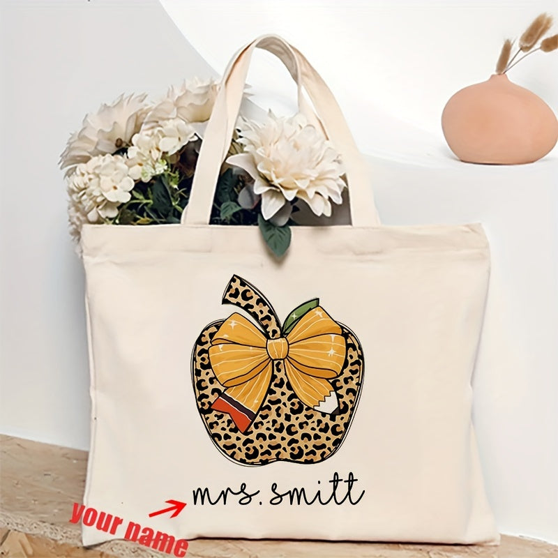 Personalized Canvas Tote Bag for Teachers with Bow Pattern, Travel and Work Use