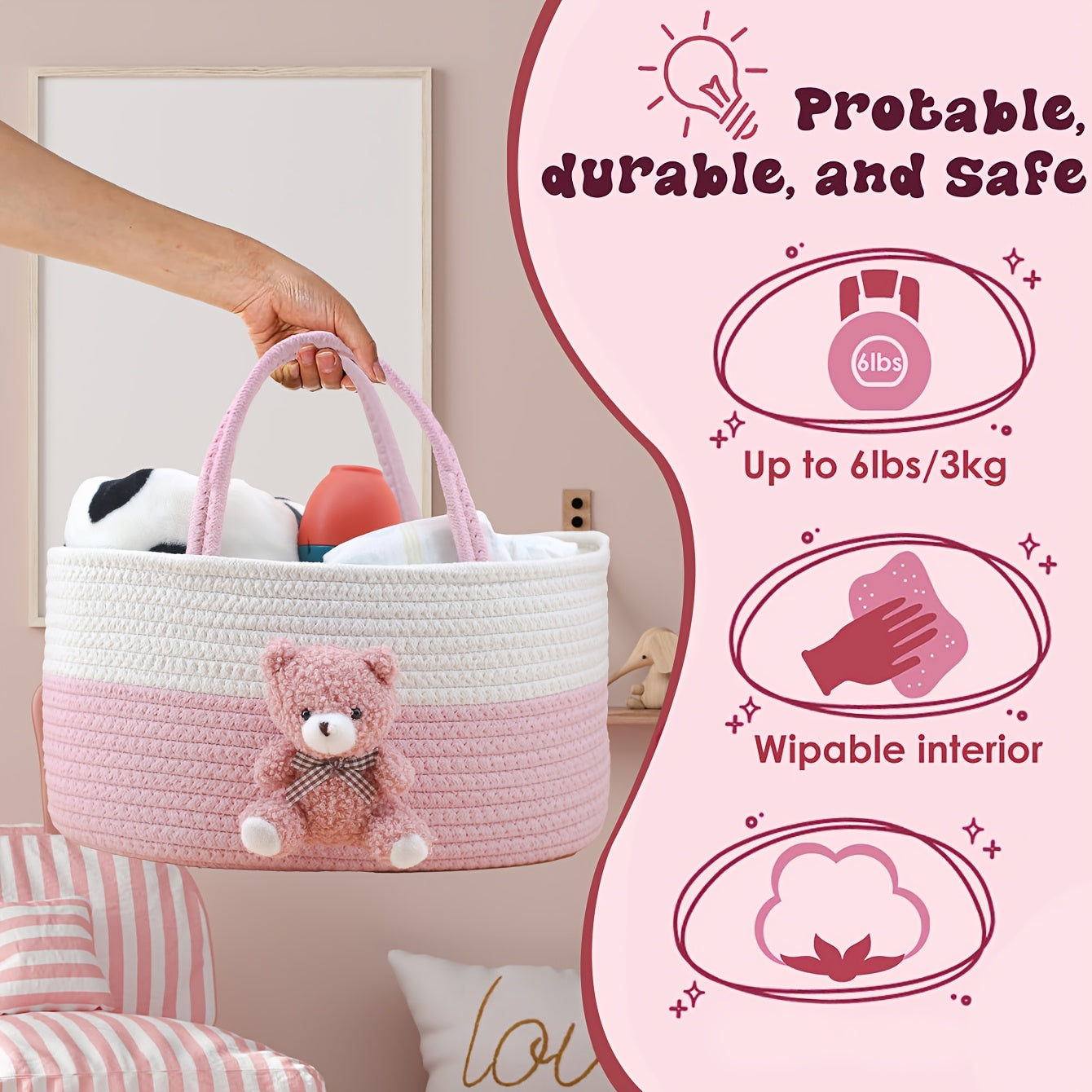 Nursery Diaper Caddy with Handles Storage Basket for Diapers Wipes Toys
