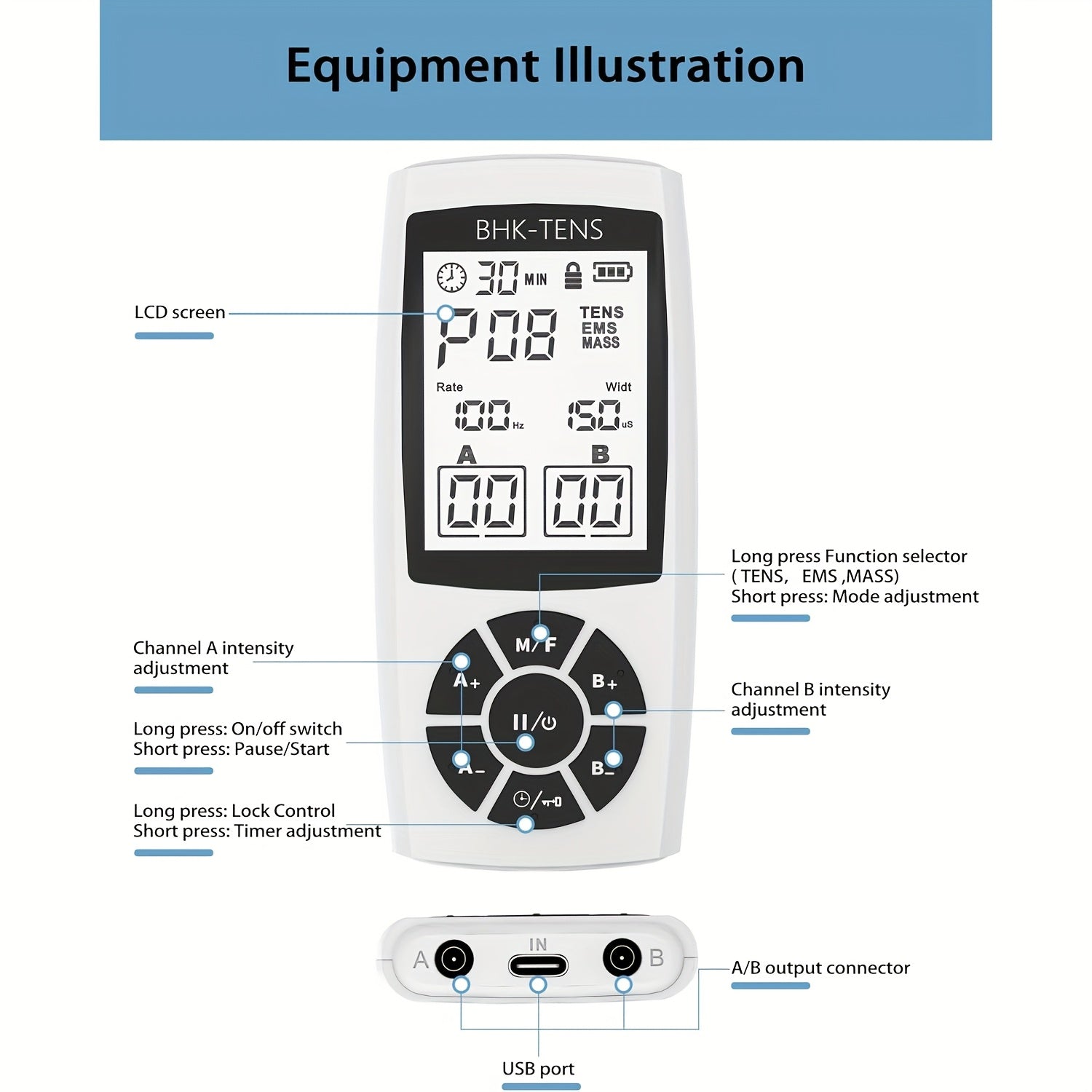 BHK-TENS Qayta zaryadlanadigan TENS qurilmasi - Og'riq terapiyasi uchun USB orqali zaryadlanadigan EMS mushak stimulyatori