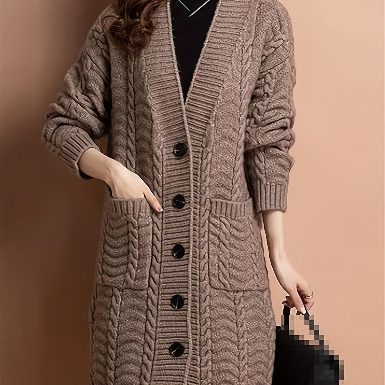 Women's Acrylic V-Neck Knit Cardigan Coat with Pockets Loose Fit Spring Fall