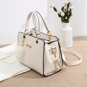 Solid Color Faux Leather Crossbody Handbag with Pompom Charms for Women