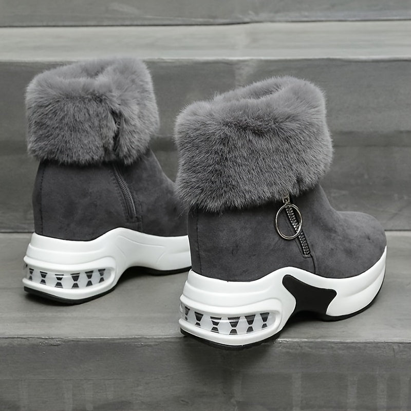 Women's Fleece-Lined Ankle Boots with Plush Collar, Zipper Closure, Traction, Black Brown Grey