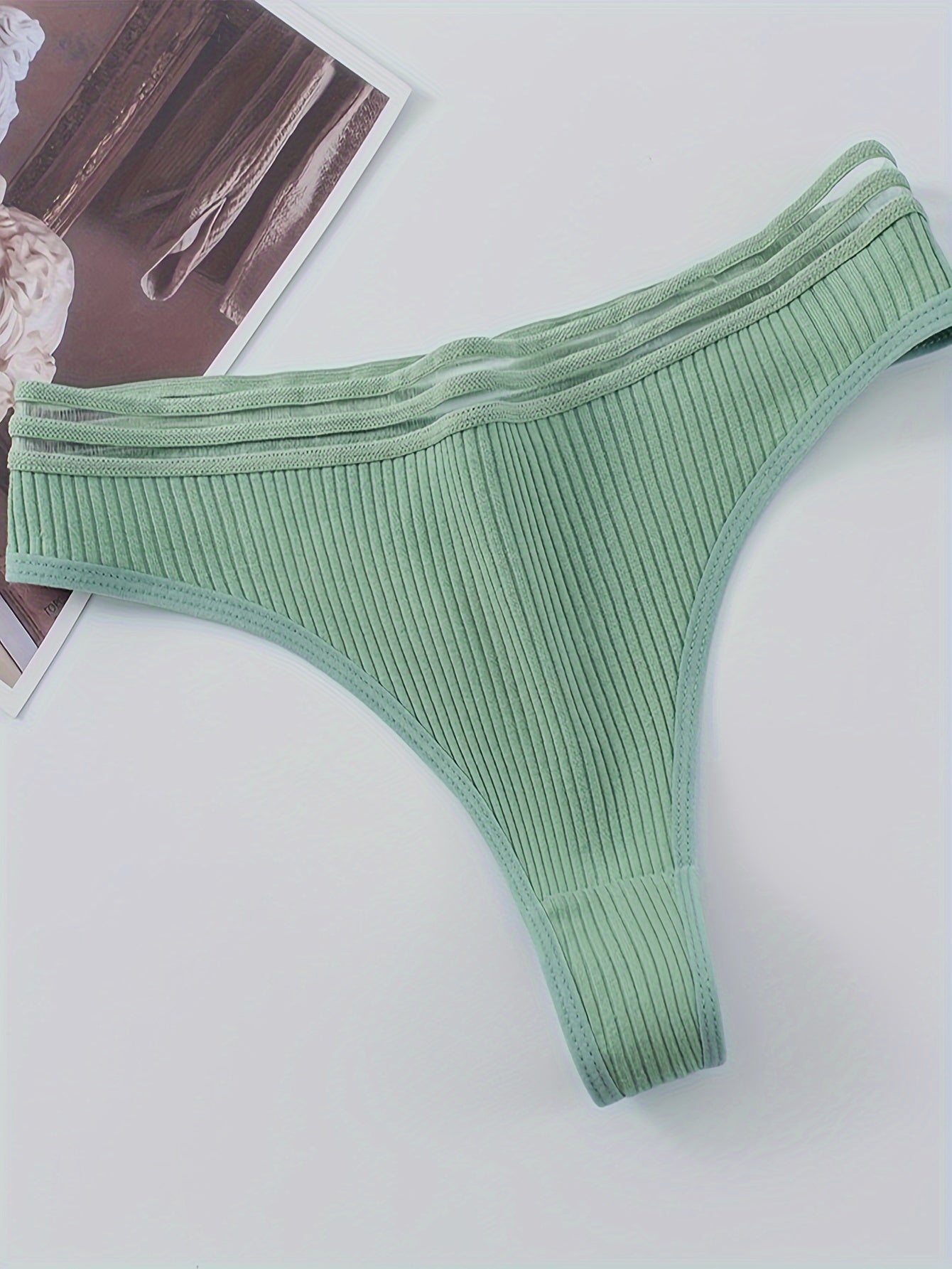 Women's Ribbed Cotton Thongs with 6 Stripes Low Rise Intimates