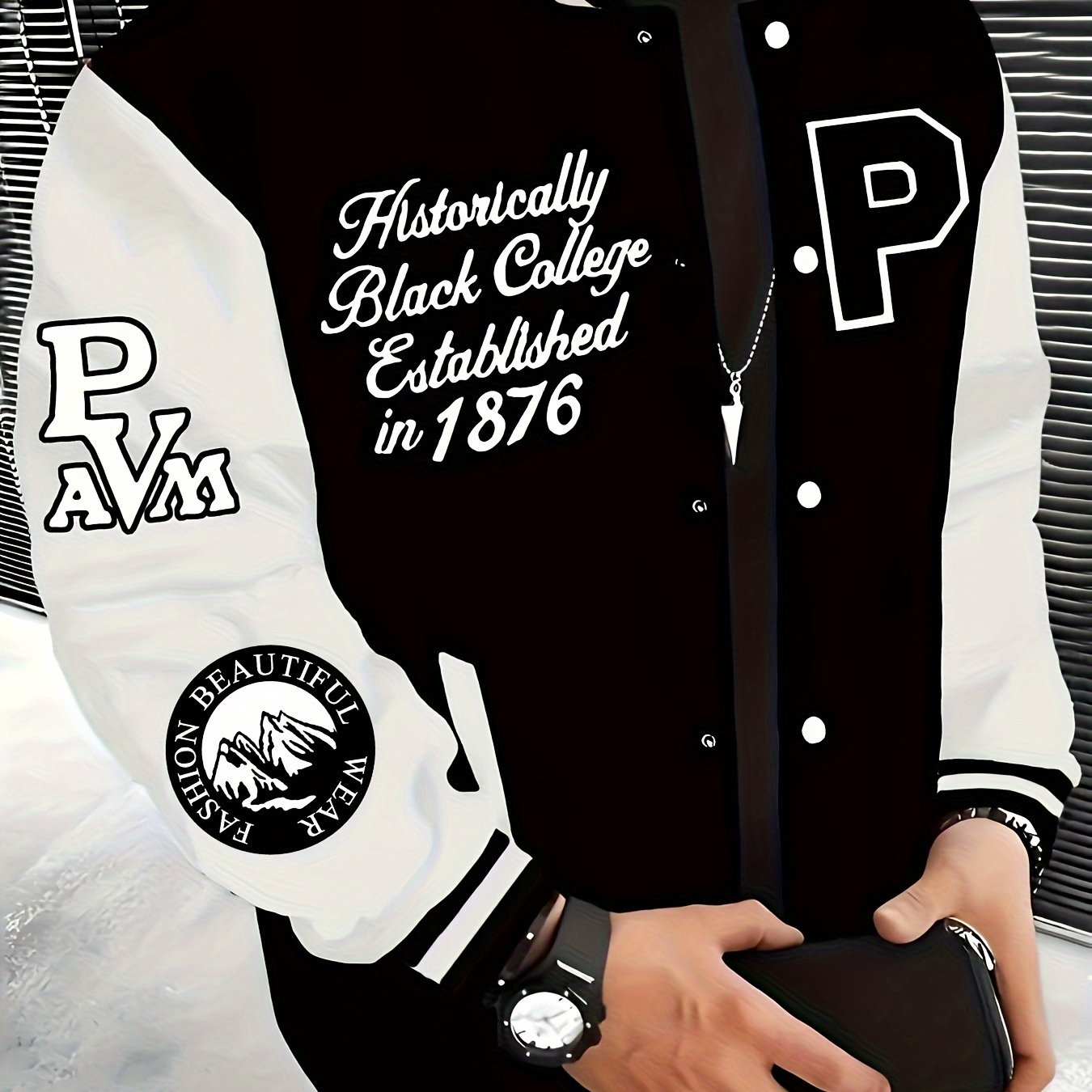 Men's Varsity Jacket in Black and Beige Polyester Snap Closure Baseball Collar Plus Size