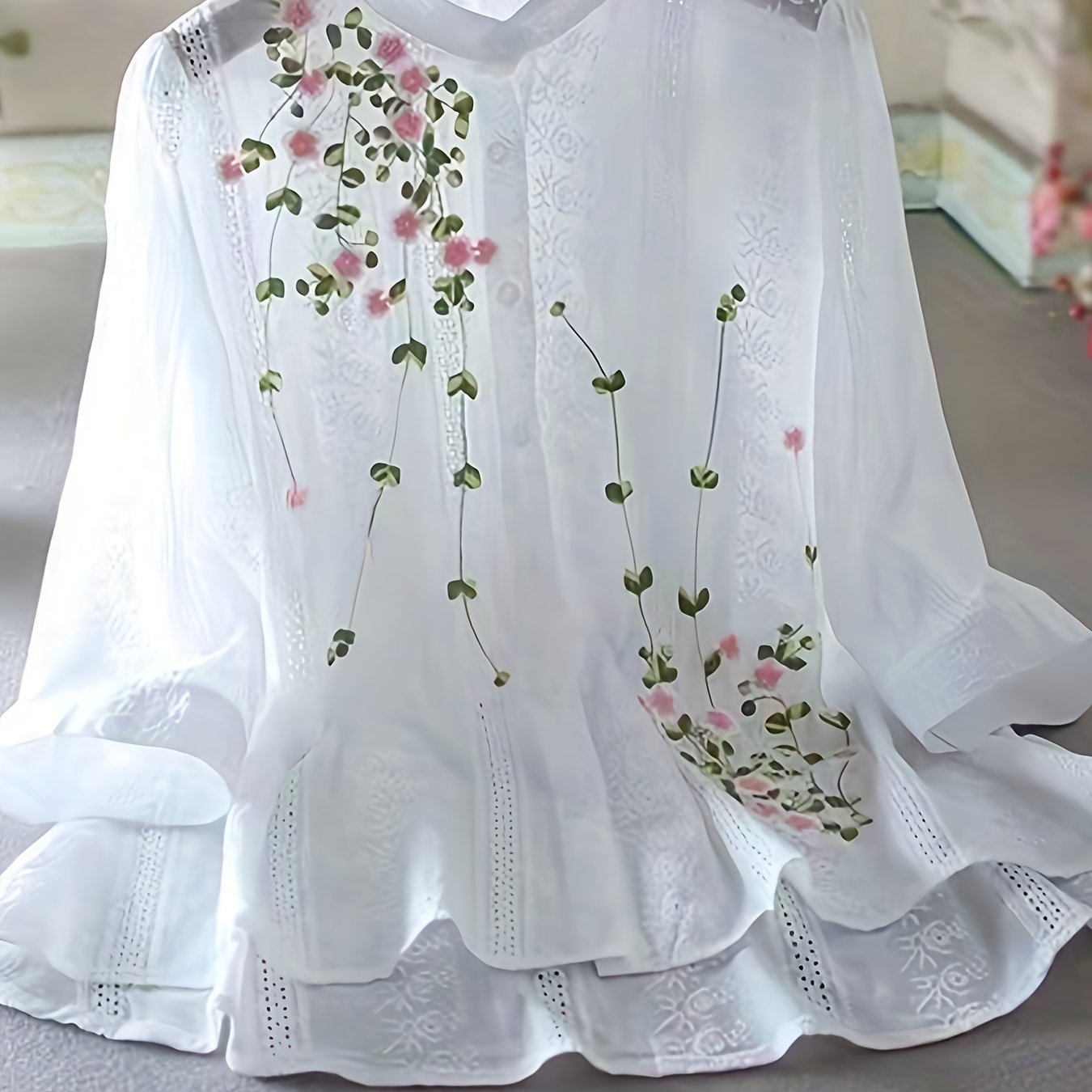 Women's Sheer White Floral Blouse with Ruffled Cuffs and Round Neck for Spring Summer