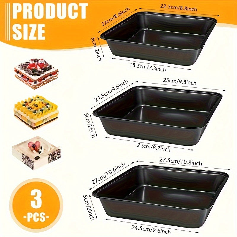 Set of Three Black Square Non-Stick Baking Pans for Cakes and Desserts
