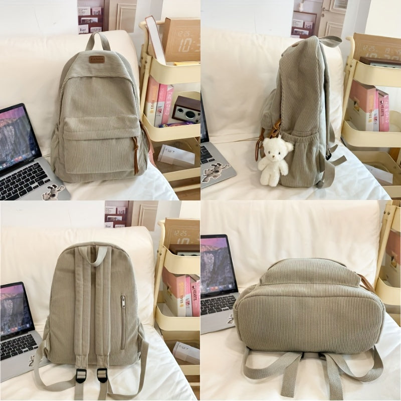 Katta sig'imli ayollar uchun korduroy rucksack, yoqimli ayiq pendanti bilan, o'rta maktab va kichik maktab uchun ideal.