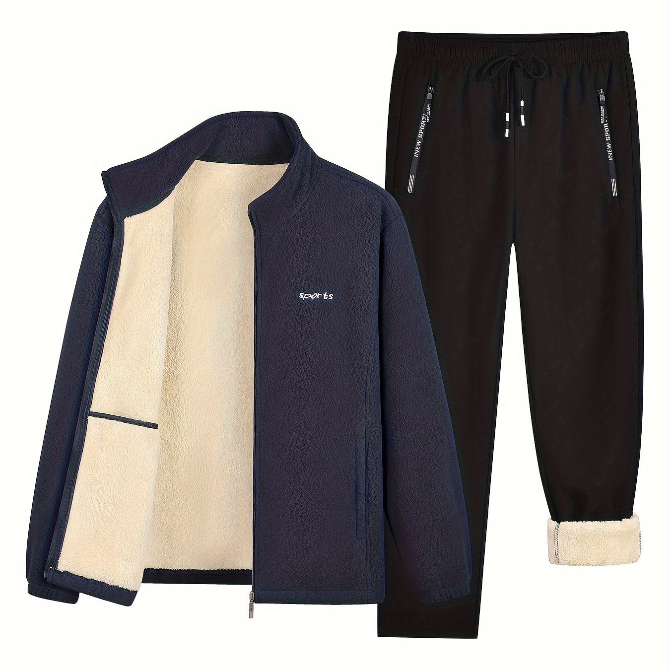 Men's Winter Fleece Set Long Sleeve Letters Pattern Casual Sports Warm Clothing