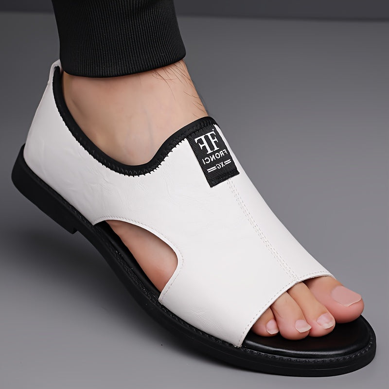 Men's Summer Beach Sandals Textured White Upper Black Sole Casual Outdoor Slip On