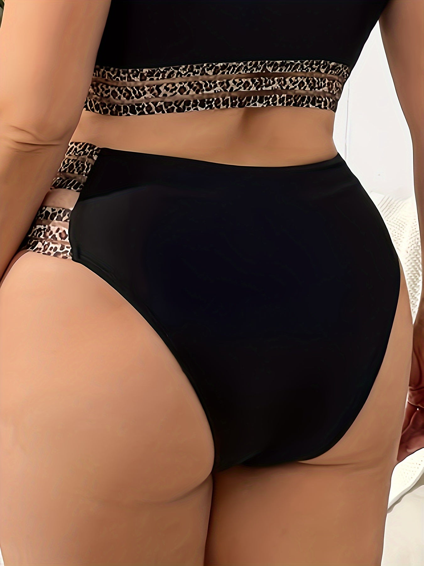 Plus Size High-Waist Leopard Print Swim Bottoms with Stretchy Fabric