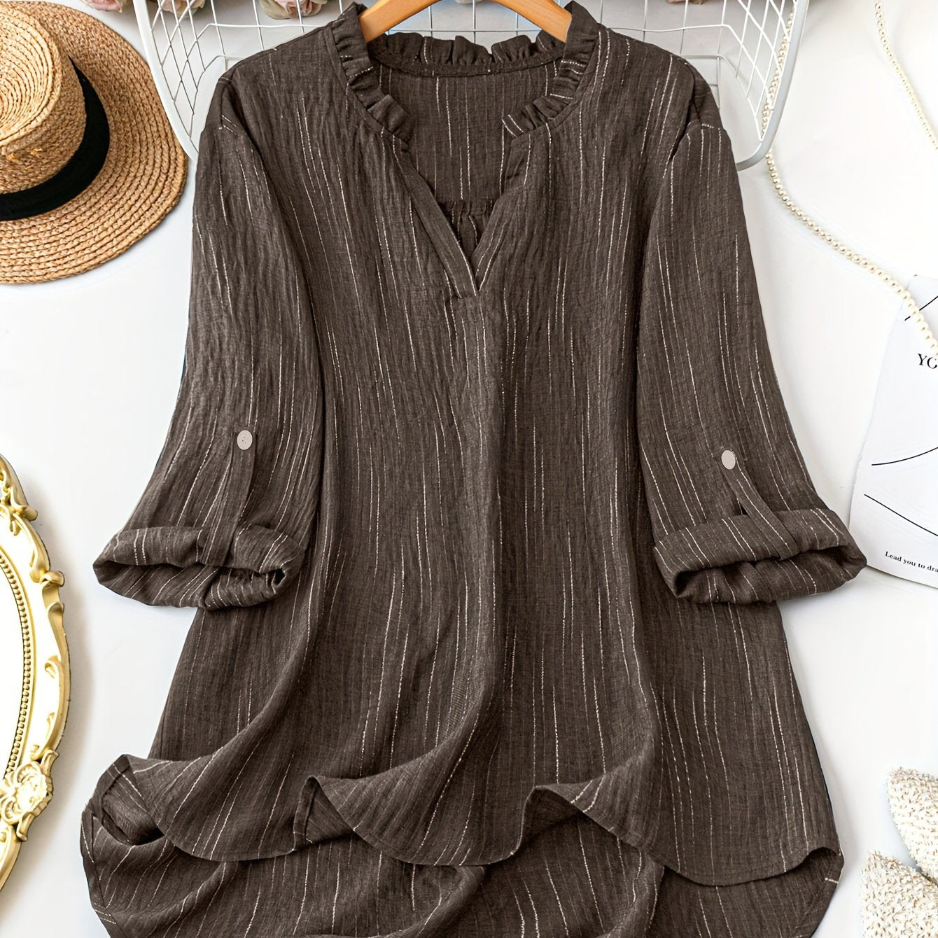 Plus Size Women's Elegant V-Neck Blouse with Button Details Polyester Woven Shirt